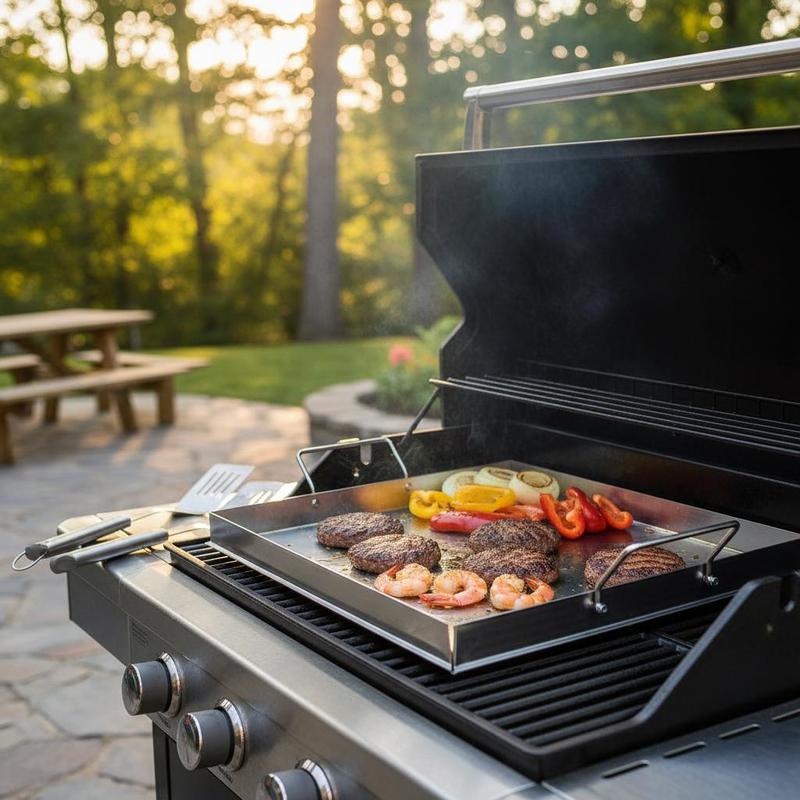 Outdoor Camping Activities - ユニバーサルフラットトップグリドル 18x16インチ キャンプ、テールゲーティングパーティー用、長方形ホットプレート ファミリー調理器具 内蔵ハンドル ガスグリルアタッチメント