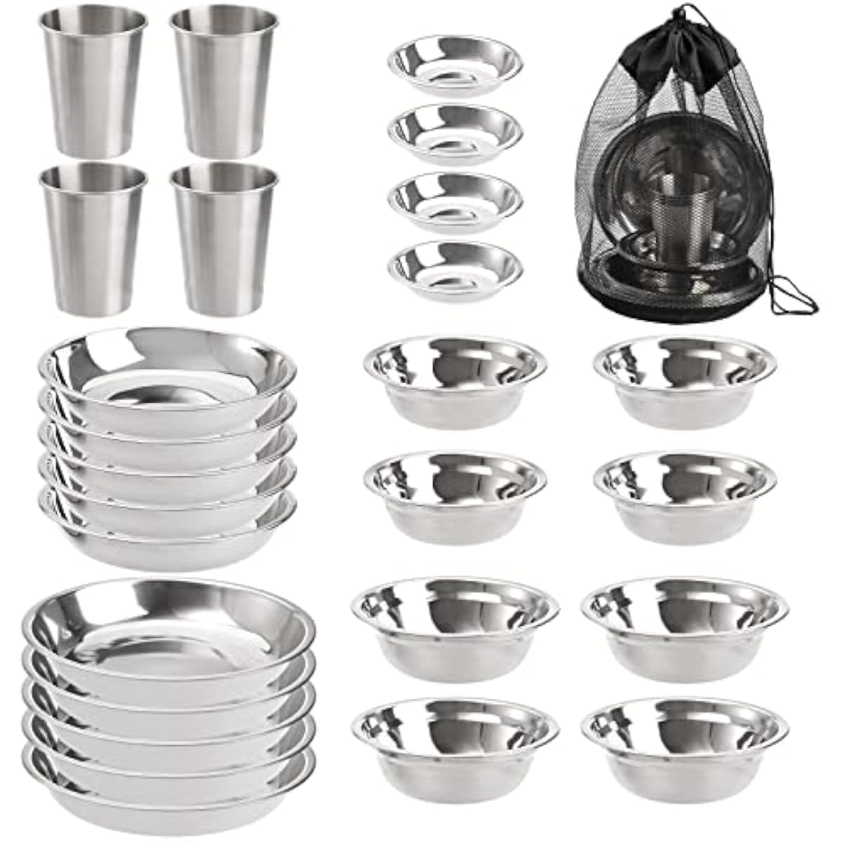 Outdoor Camping Dining Set - 26点セットのステンレス製アウトドアダイニングセット。キャンプ、ハイキング、旅行、ピクニックに最適なプレート、ボウル、カップが含まれています。