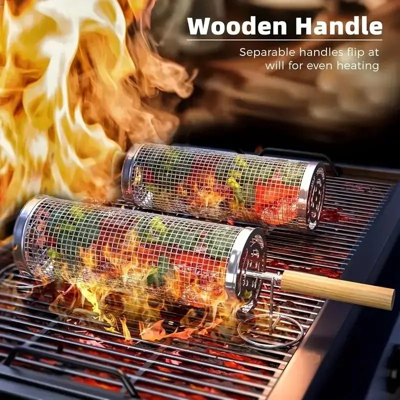ステンレス製BBQグリルバスケット、丸型回転シリンダーケージ - Outdoor Camping Bbq のレビューと価格